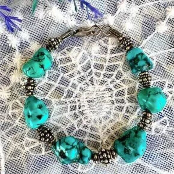 Vintage Turquoise & Sterling Nugget Bracelet - Picture 2 of 9